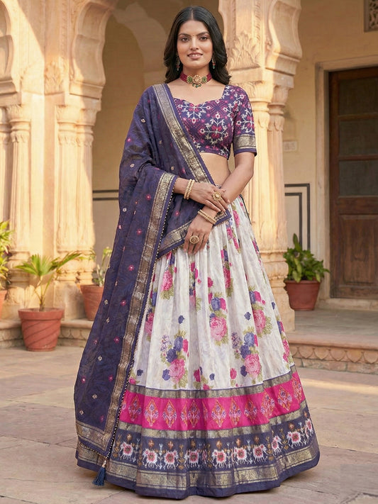 Navy Blue Floral Tussar Silk Lehenga Choli Set with Foil Work