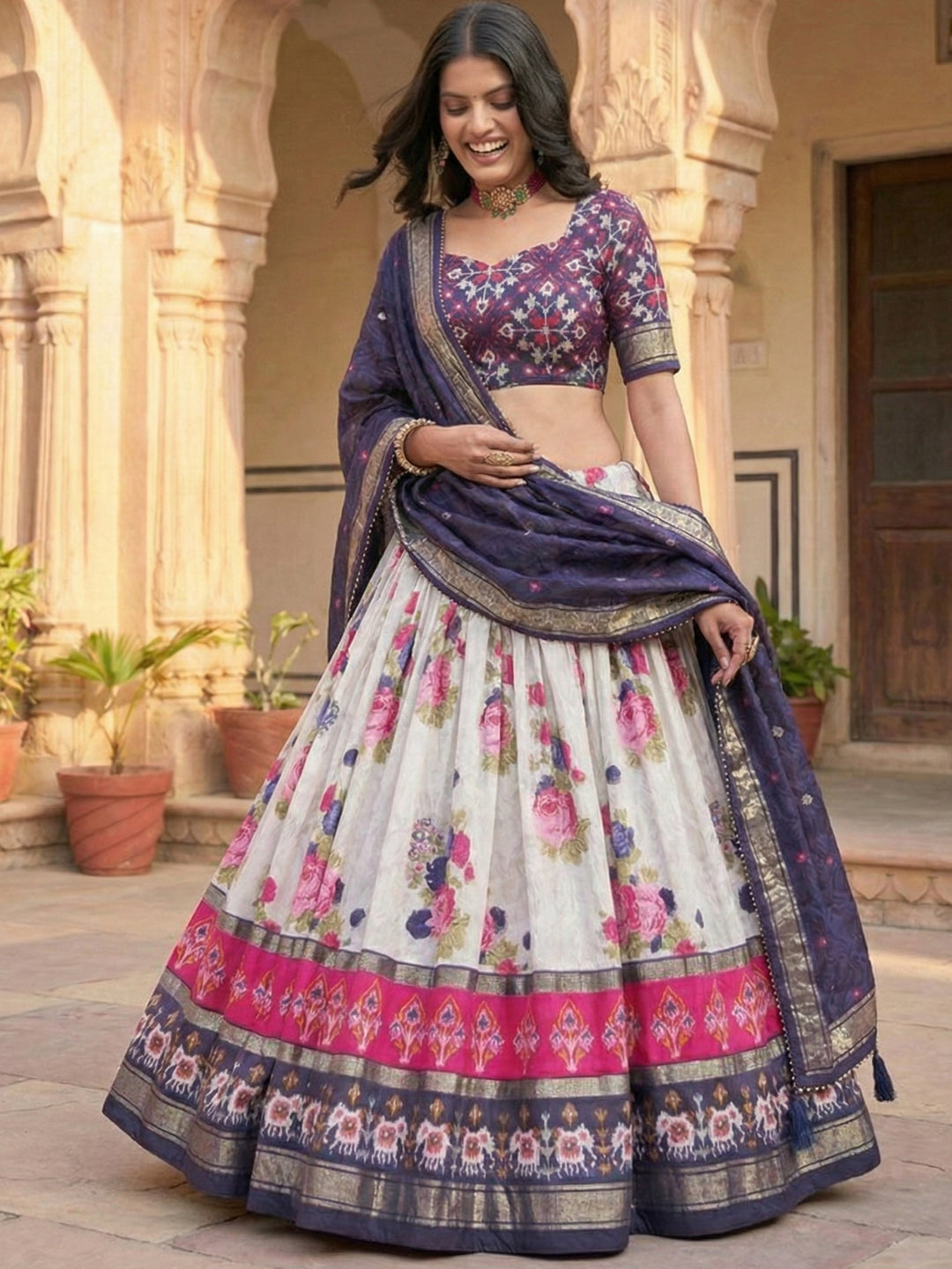 Navy Blue Floral Tussar Silk Lehenga Choli Set with Foil Work