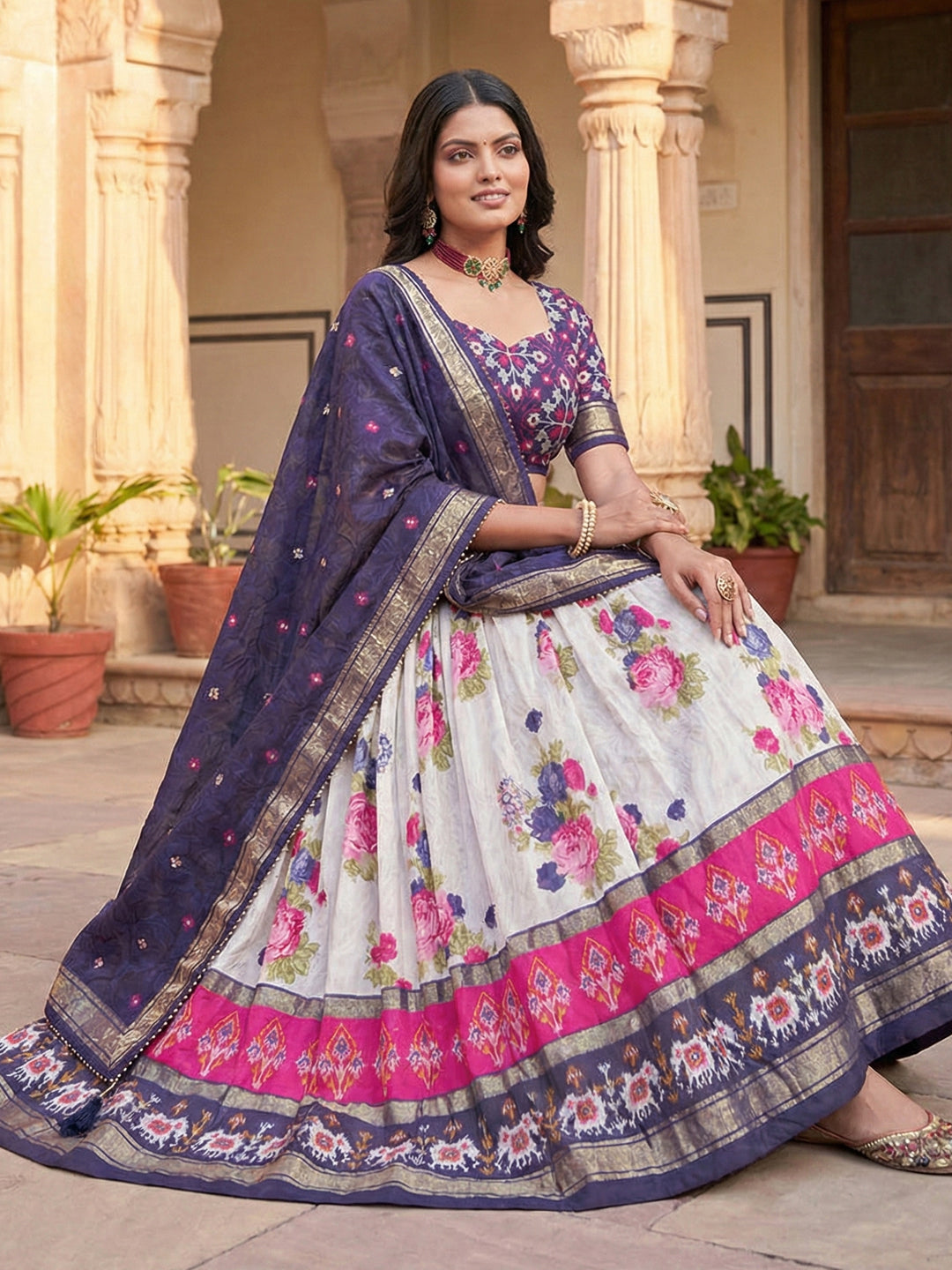 Navy Blue Floral Tussar Silk Lehenga Choli Set with Foil Work