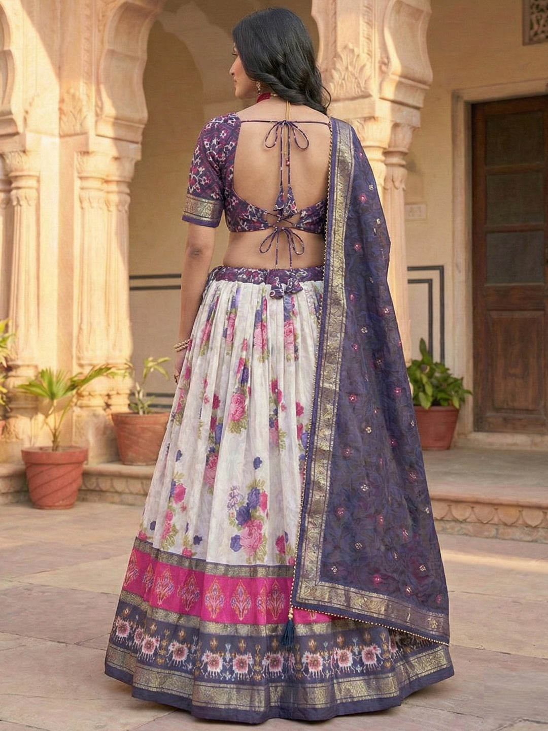 Navy Blue Floral Tussar Silk Lehenga Choli Set with Foil Work