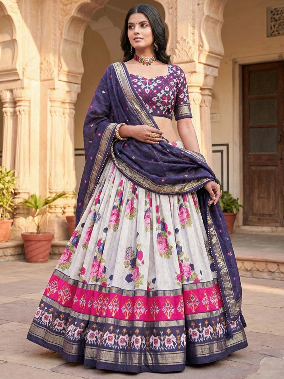 Navy Blue Floral Tussar Silk Lehenga Choli Set with Foil Work
