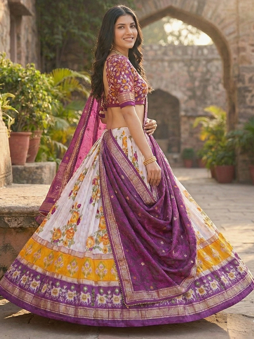 Purple Floral Tussar Silk Lehenga Choli Set with Foil Work