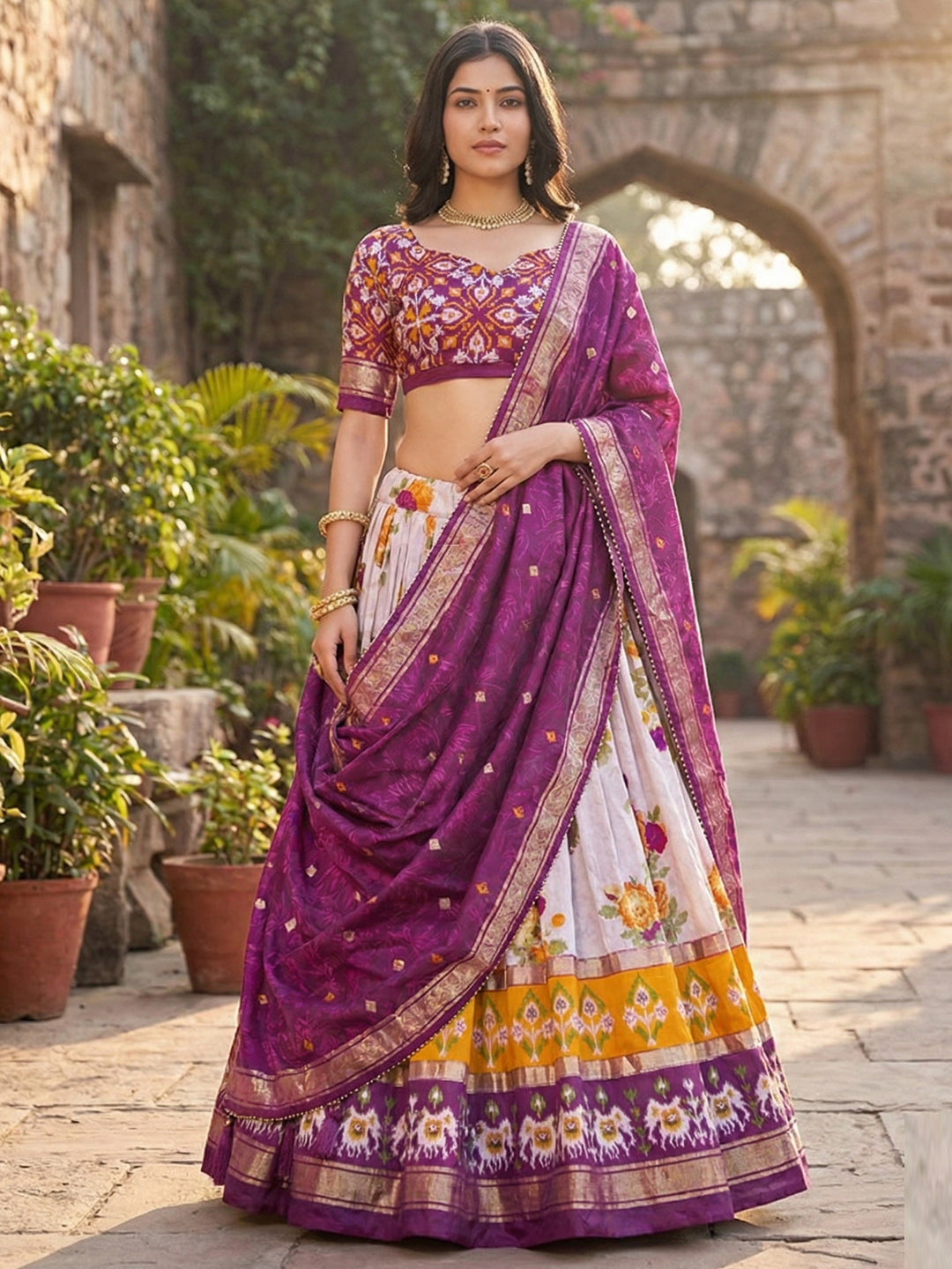 Purple Floral Tussar Silk Lehenga Choli Set with Foil Work