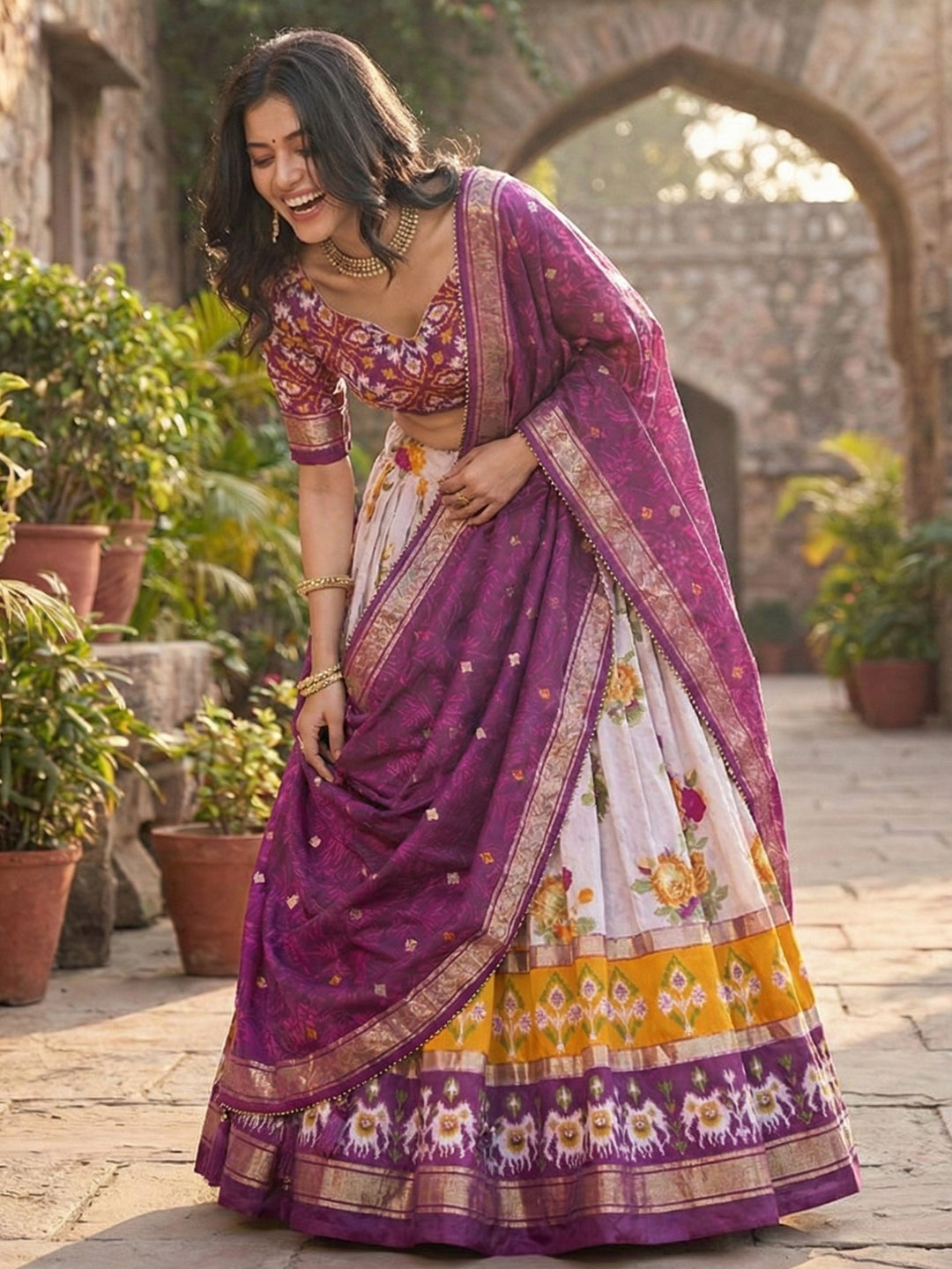 Purple Floral Tussar Silk Lehenga Choli Set with Foil Work