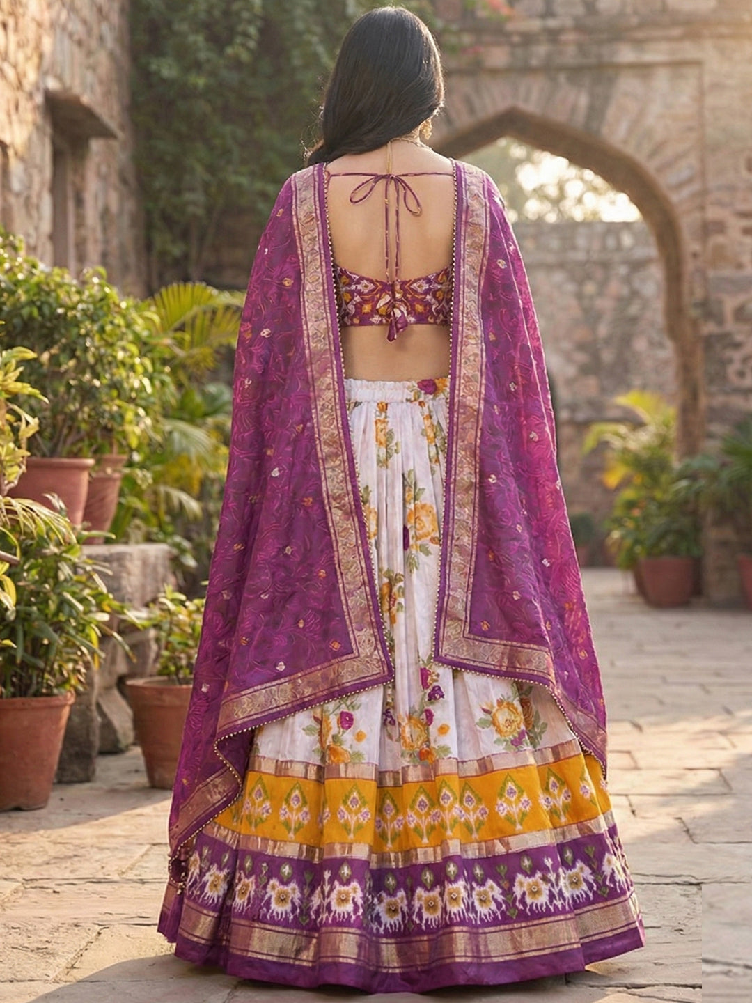 Purple Floral Tussar Silk Lehenga Choli Set with Foil Work