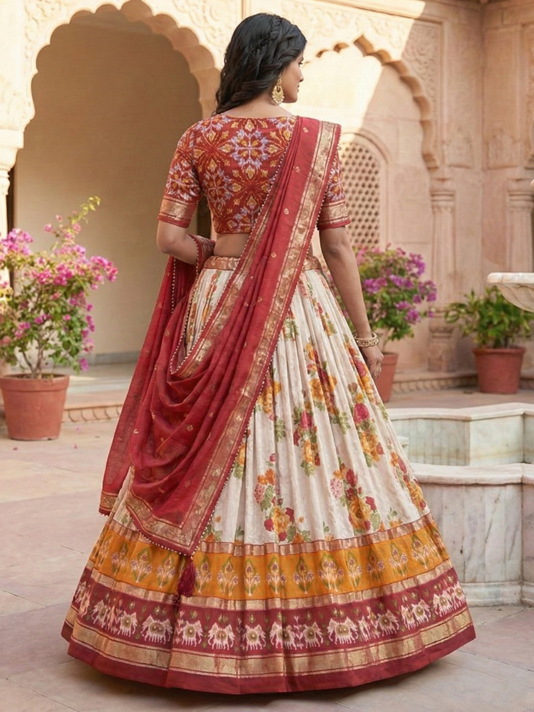 Red Floral Tussar Silk Lehenga Choli Set with Foil Work
