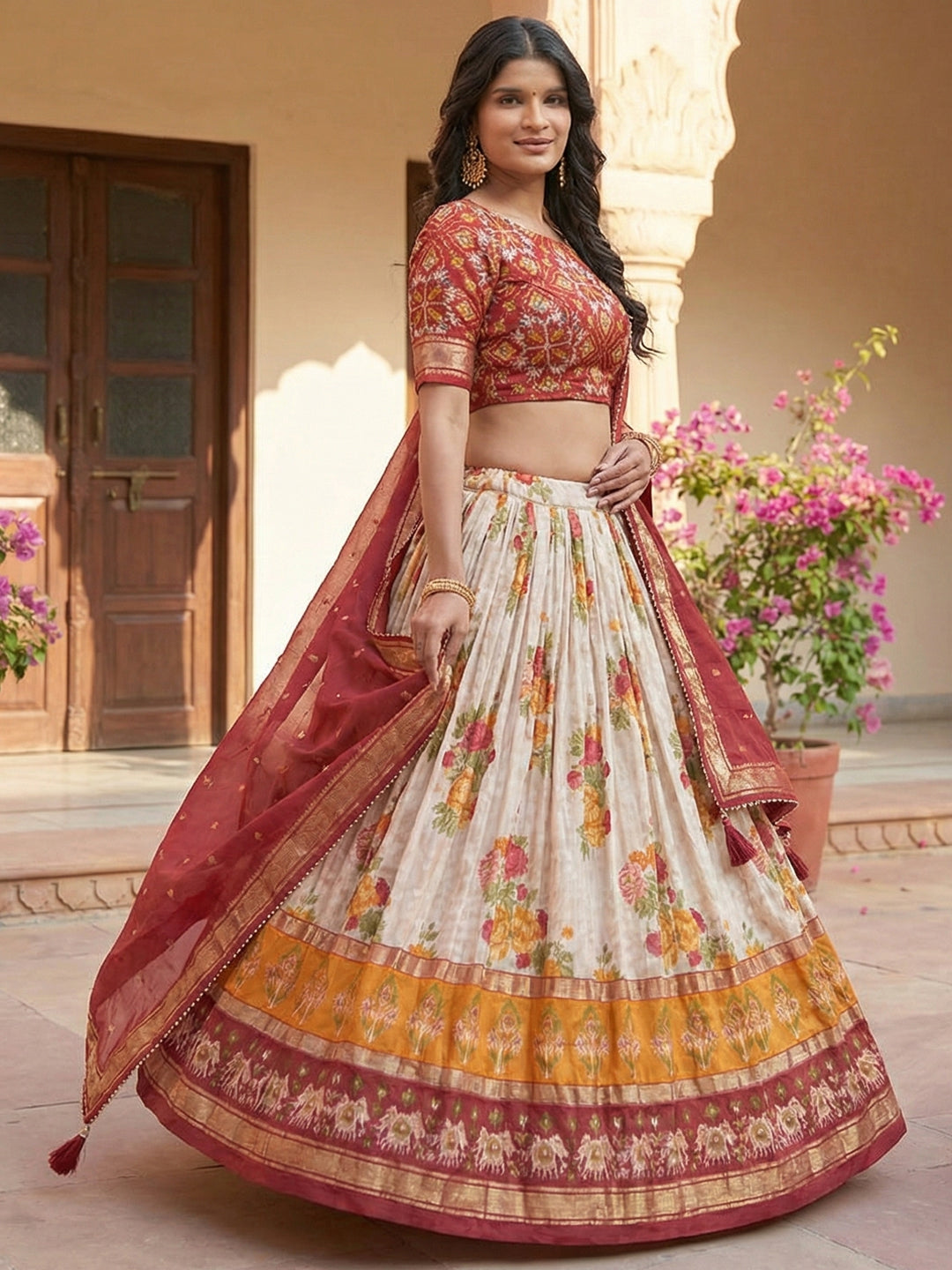Red Floral Tussar Silk Lehenga Choli Set with Foil Work