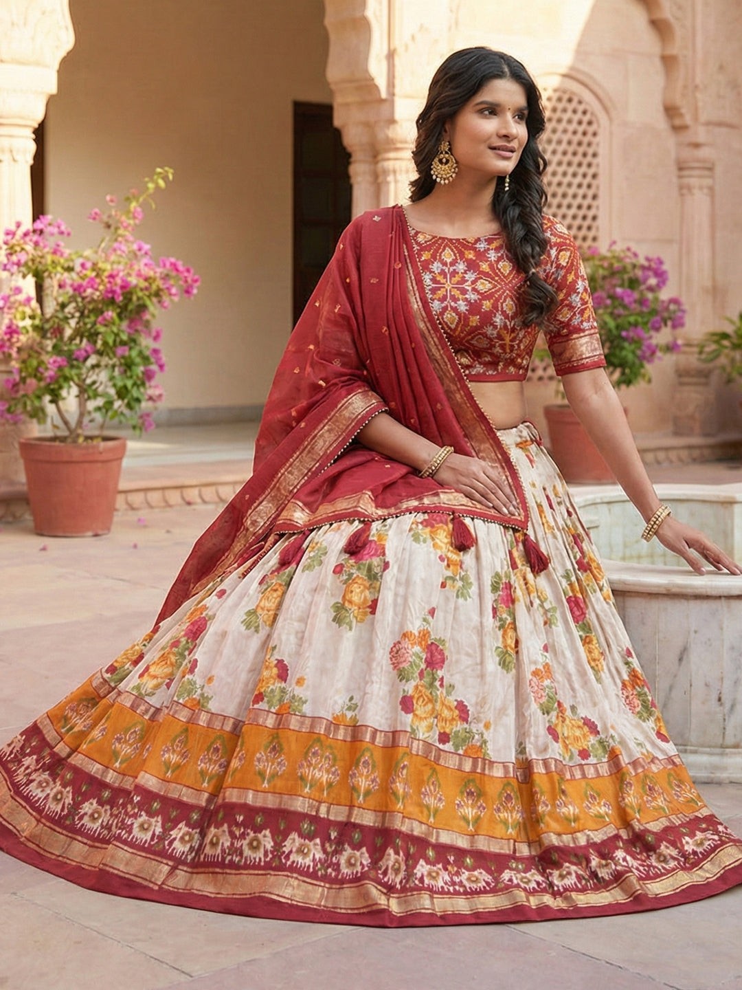 Red Floral Tussar Silk Lehenga Choli Set with Foil Work