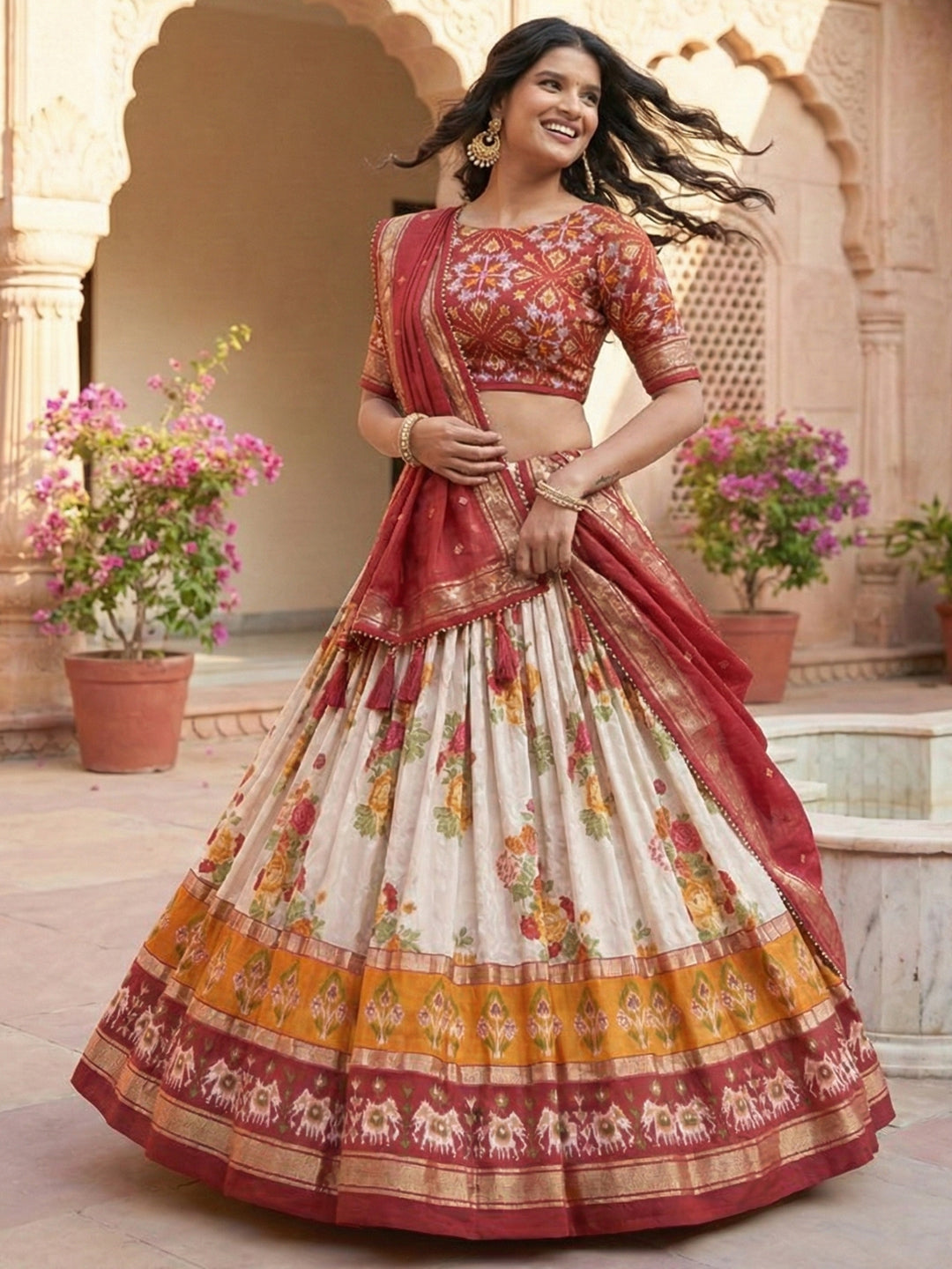 Red Floral Tussar Silk Lehenga Choli Set with Foil Work