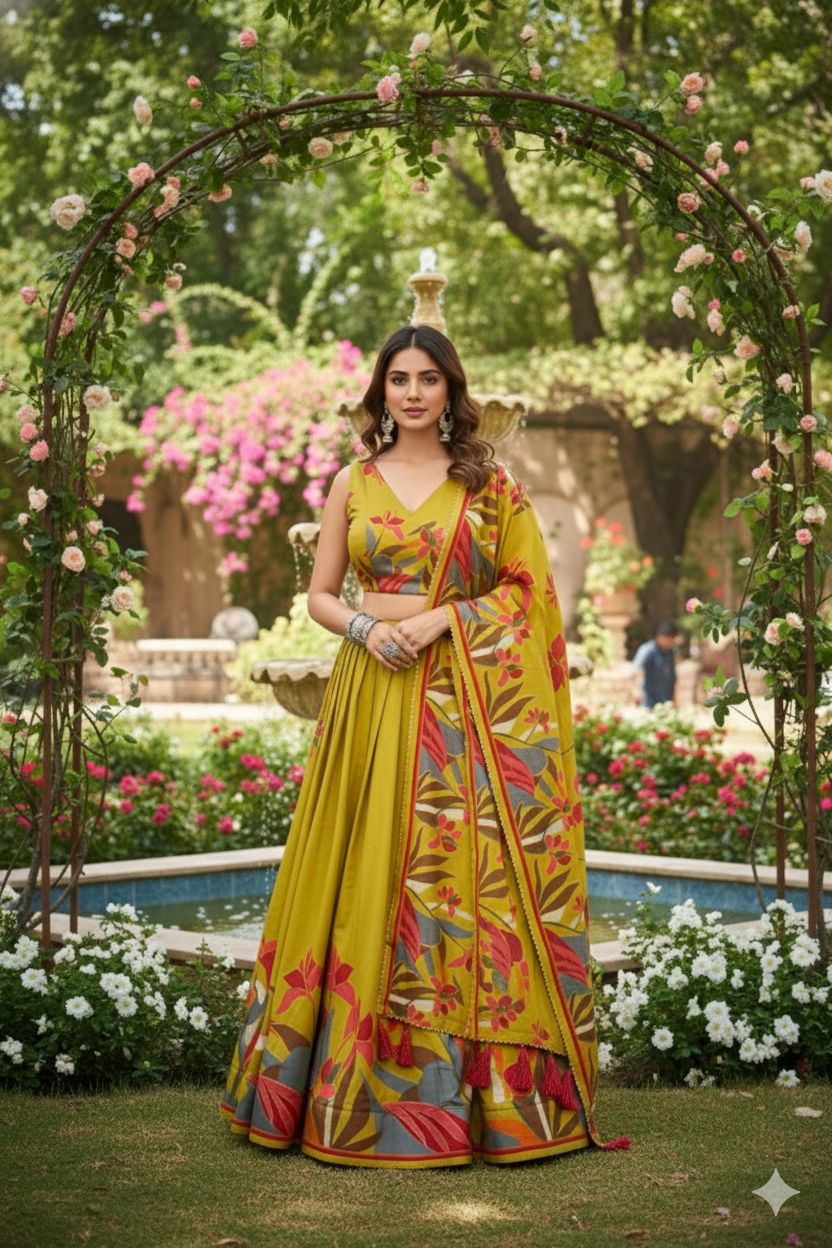Yellow Floral Print Tusser Silk Lehenga Choli