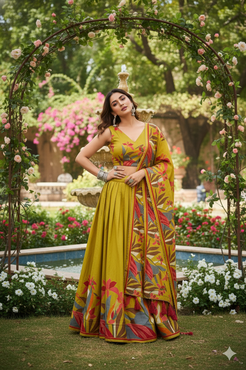 Yellow Floral Print Tusser Silk Lehenga Choli