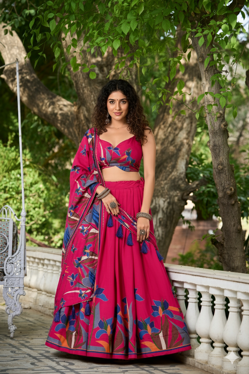 Pink Floral Print Tusser Silk Lehenga Choli