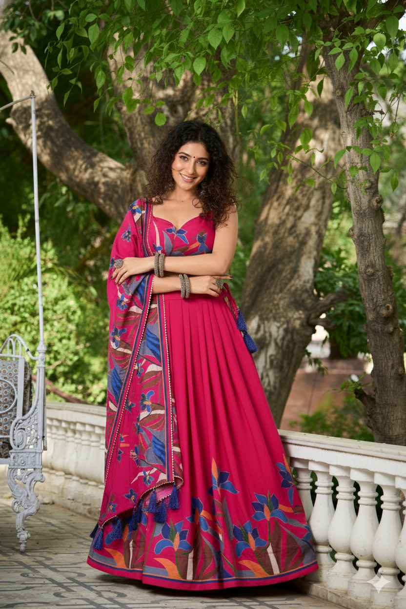 Pink Floral Print Tusser Silk Lehenga Choli