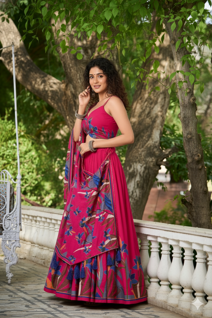 Pink Floral Print Tusser Silk Lehenga Choli