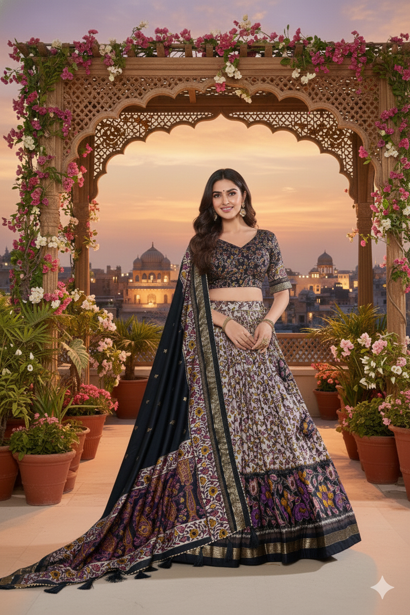 Black Tusser Silk Floral Print Lehenga Choli Set with Foil Work