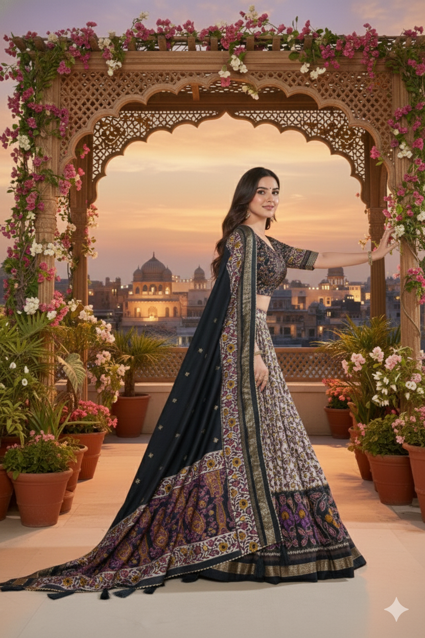 Black Tusser Silk Floral Print Lehenga Choli Set with Foil Work