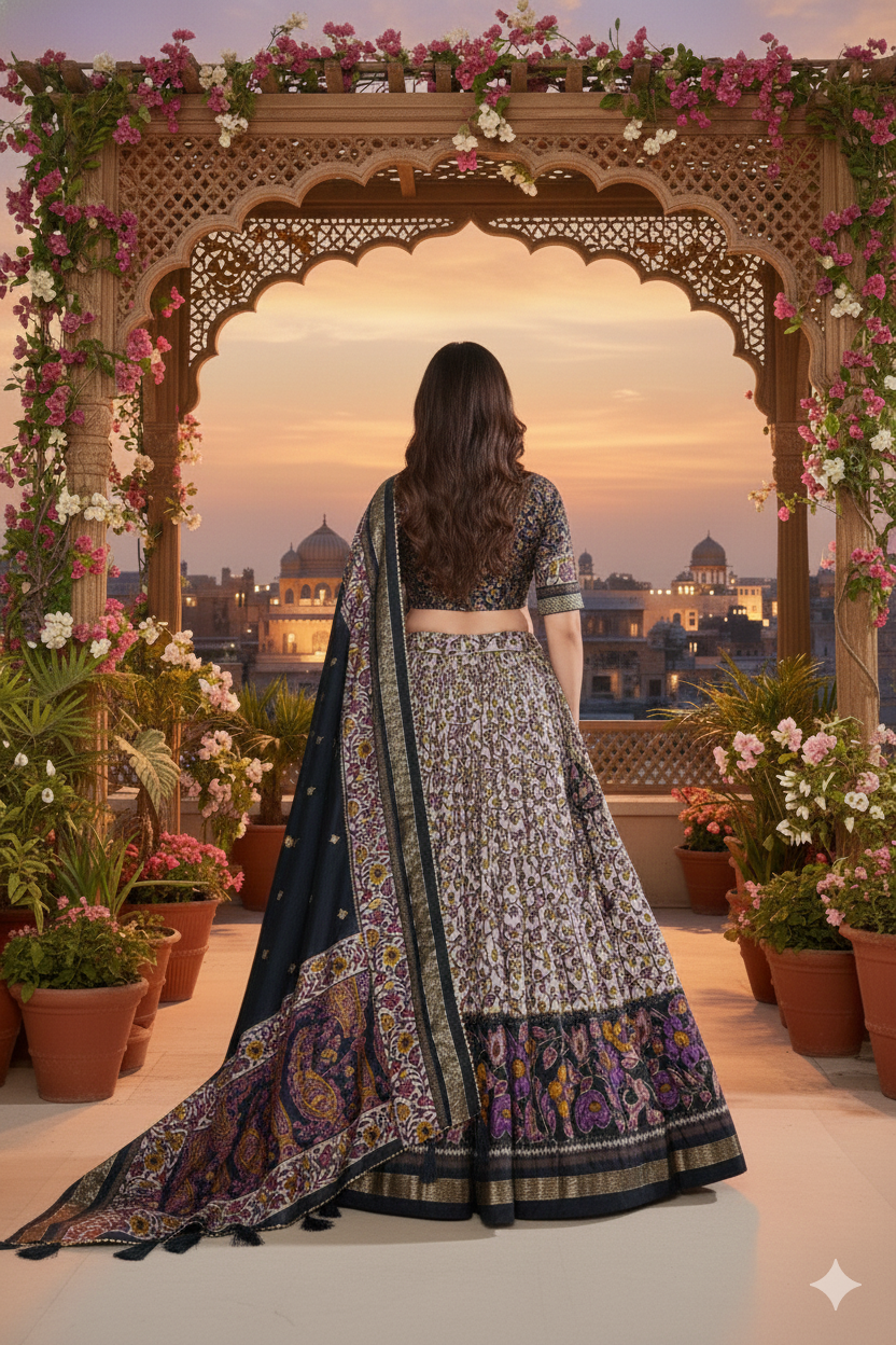 Black Tusser Silk Floral Print Lehenga Choli Set with Foil Work