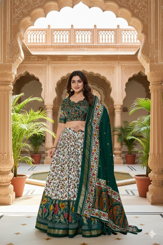 Green Tusser Silk Floral Print Lehenga Choli Set with Foil Work