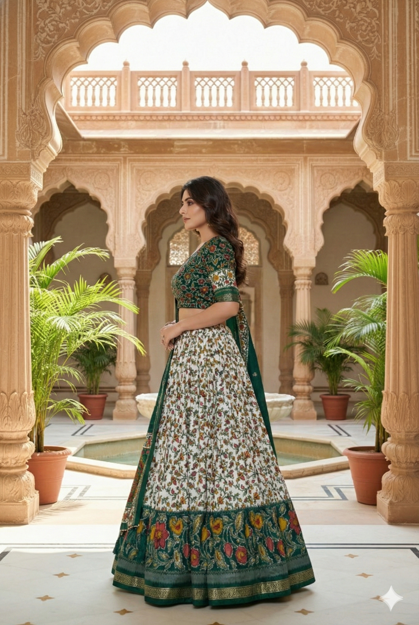 Green Tusser Silk Floral Print Lehenga Choli Set with Foil Work