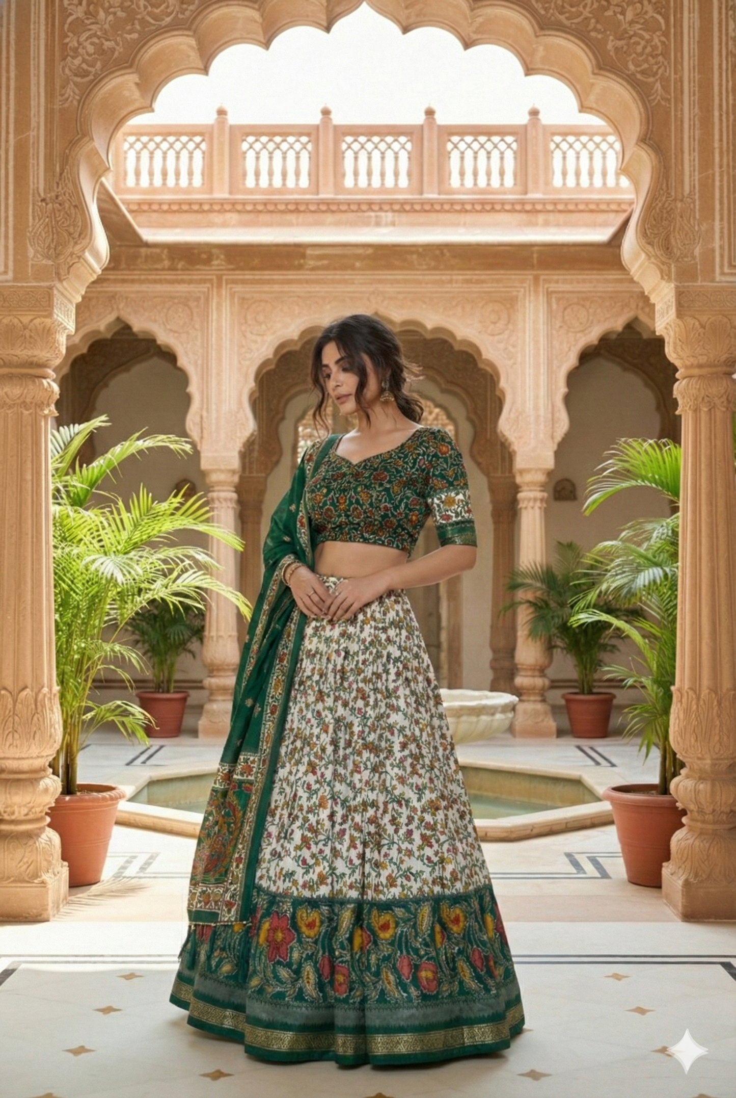 Green Tusser Silk Floral Print Lehenga Choli Set with Foil Work