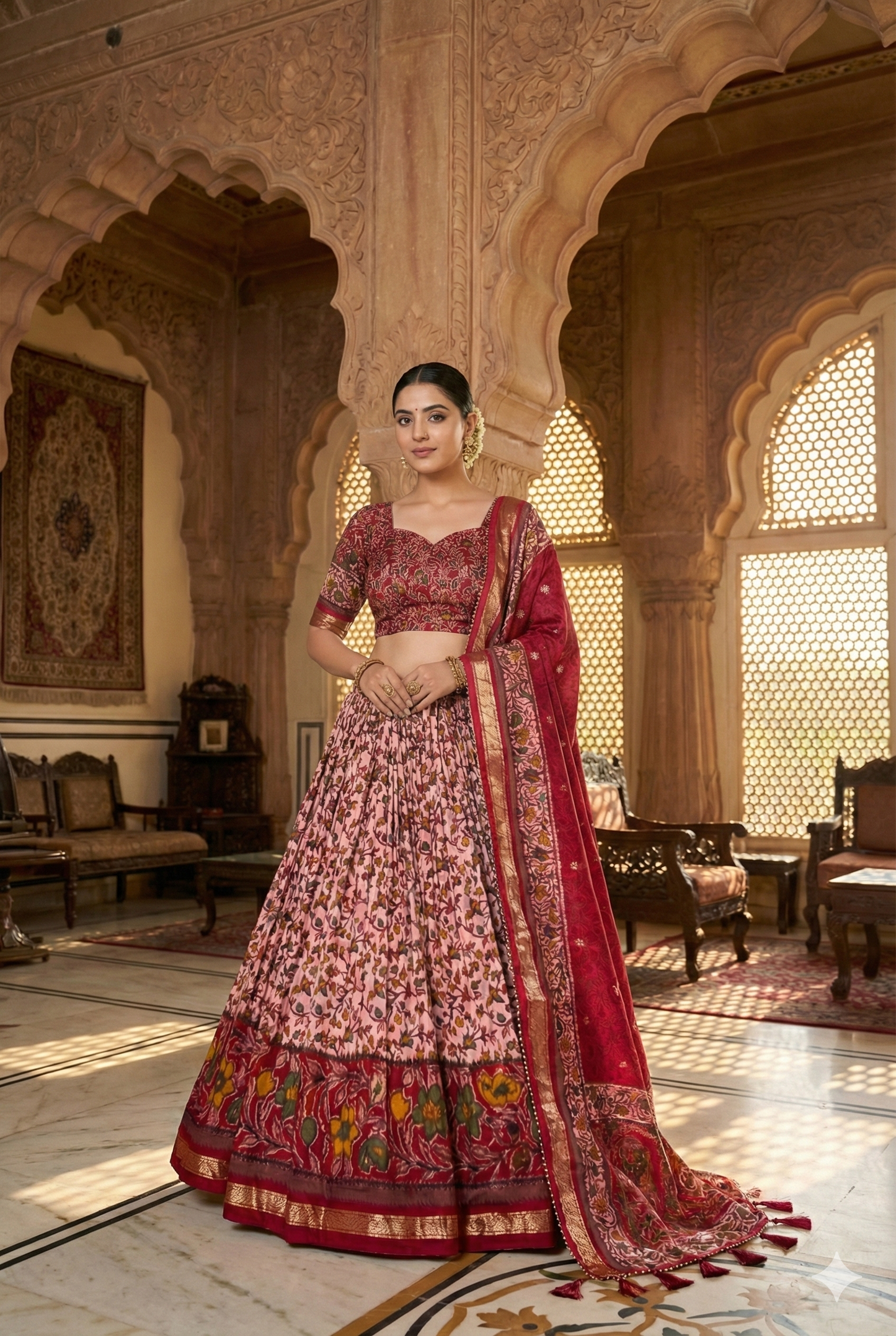 Maroon Tusser Silk Floral Print Lehenga Choli Set with Foil Work