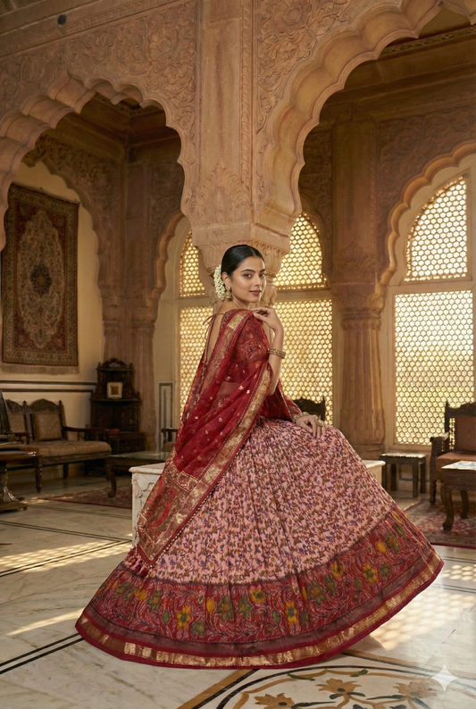 Maroon Tusser Silk Floral Print Lehenga Choli Set with Foil Work