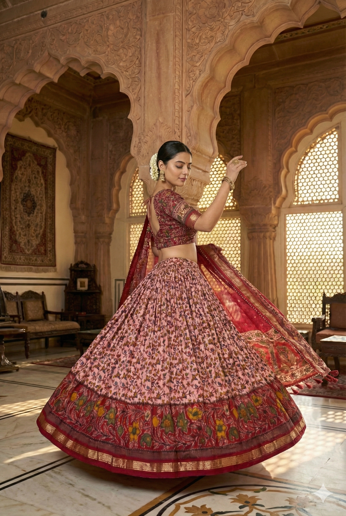 Maroon Tusser Silk Floral Print Lehenga Choli Set with Foil Work