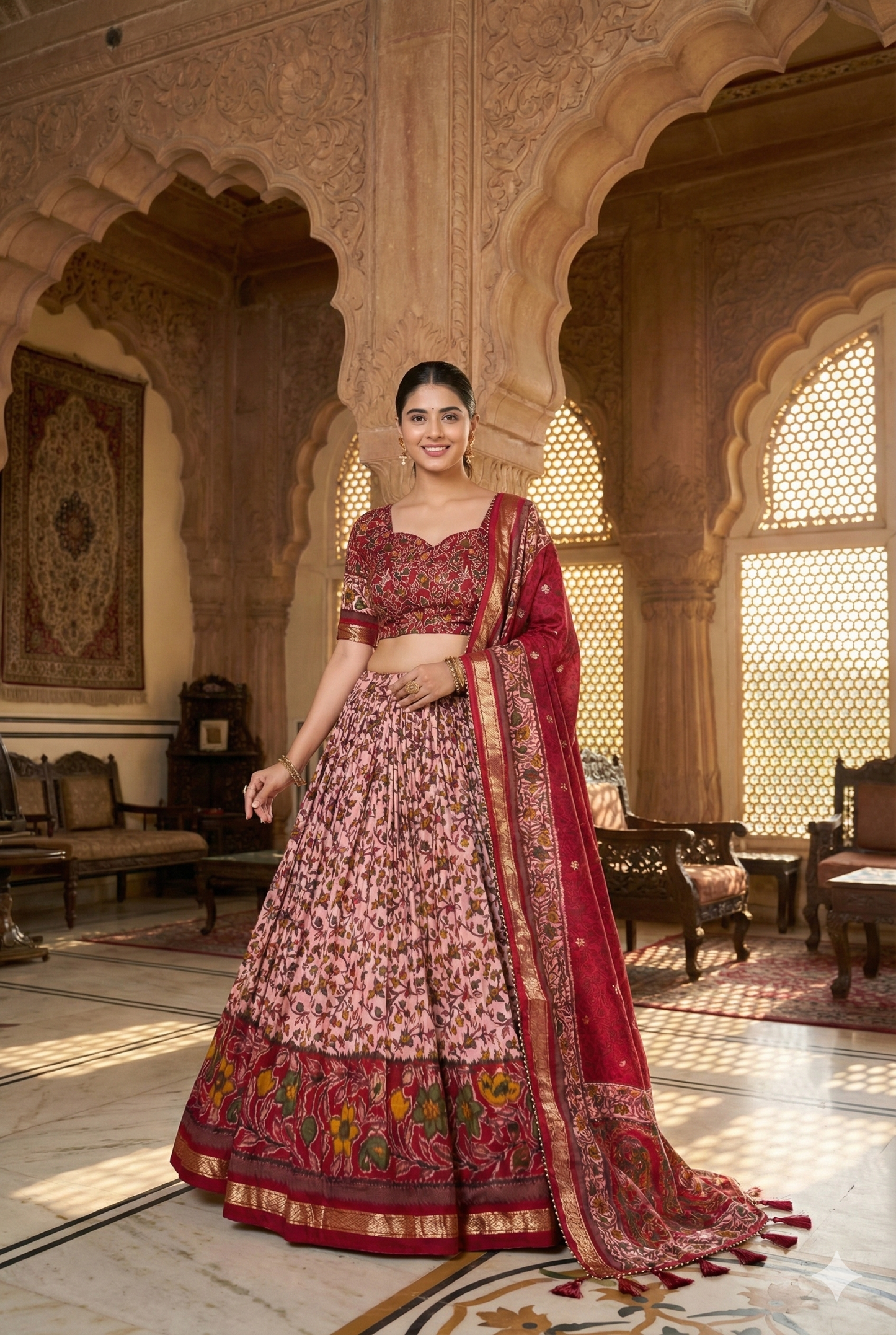 Maroon Tusser Silk Floral Print Lehenga Choli Set with Foil Work
