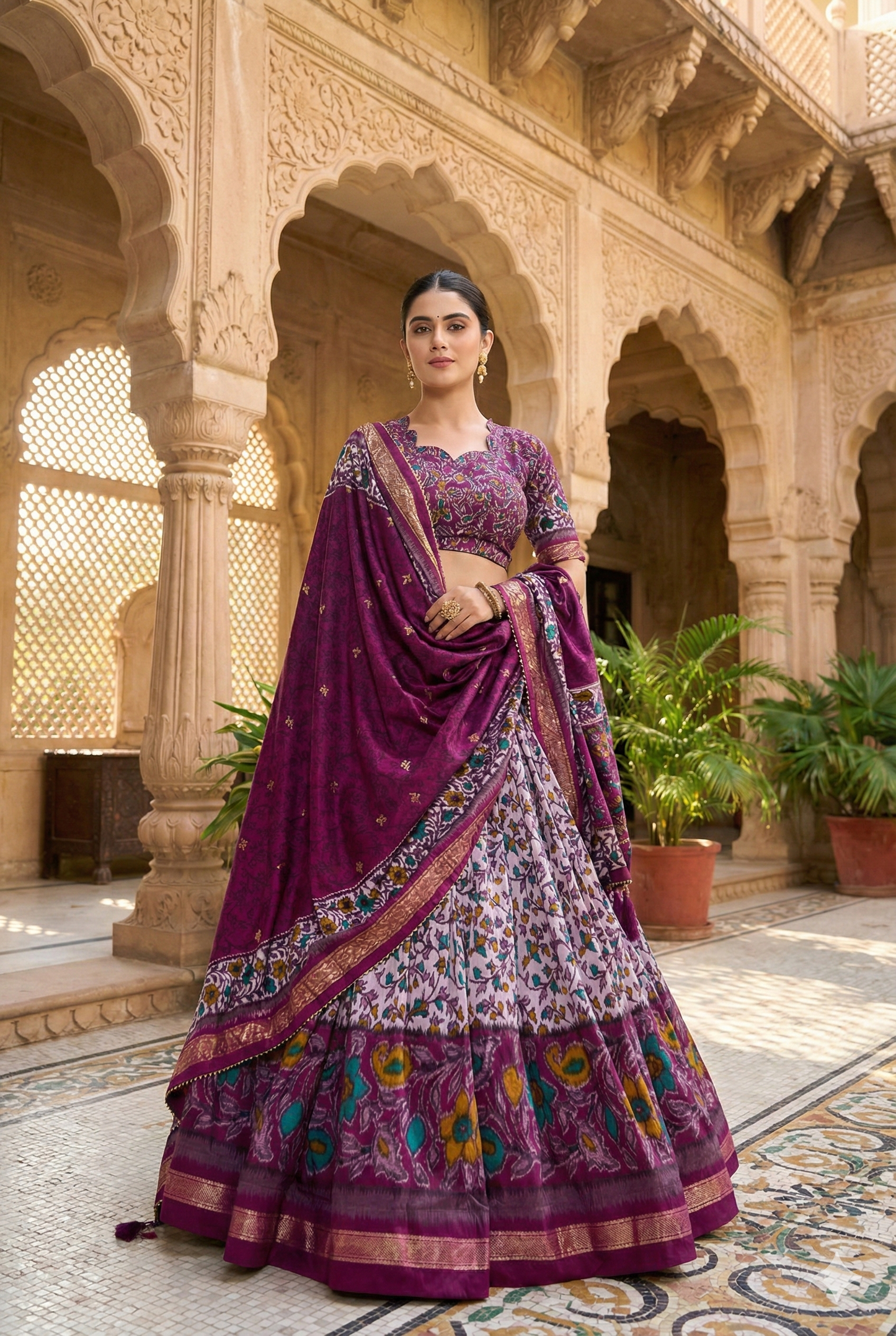 Purple Tusser Silk Floral Print Lehenga Choli Set with Foil Work