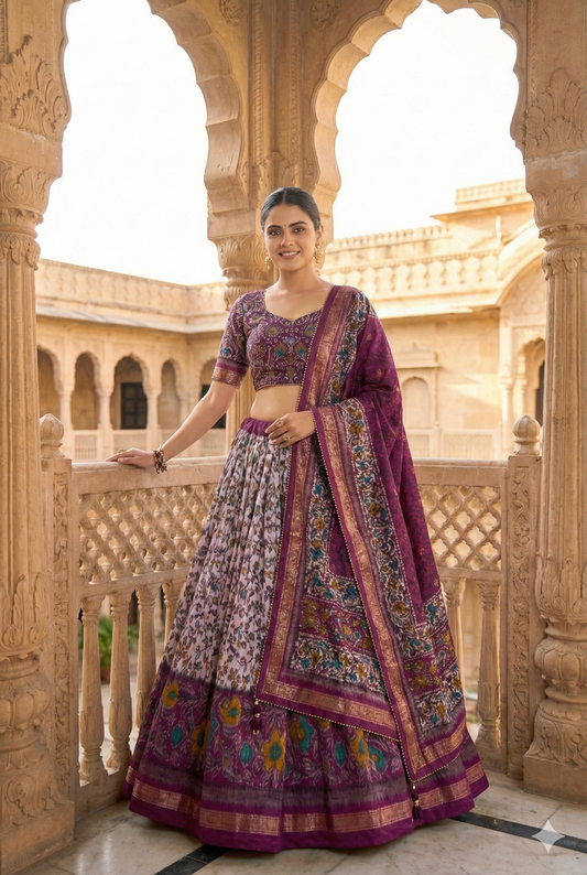 Purple Tusser Silk Floral Print Lehenga Choli Set with Foil Work