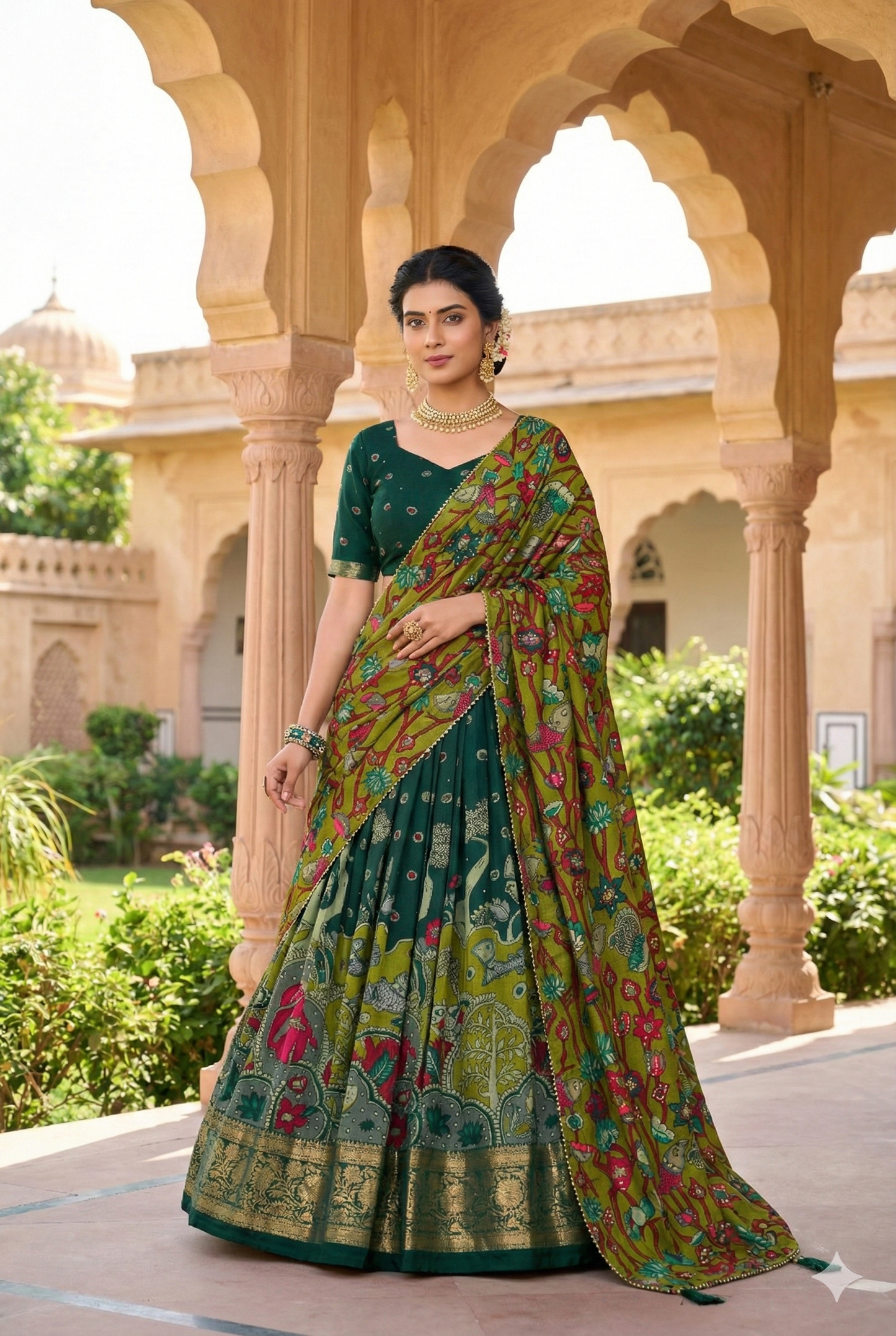 Green Tusser Silk Floral Print Lehenga Choli Set with Foil Work