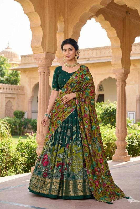Green Tusser Silk Floral Print Lehenga Choli Set with Foil Work