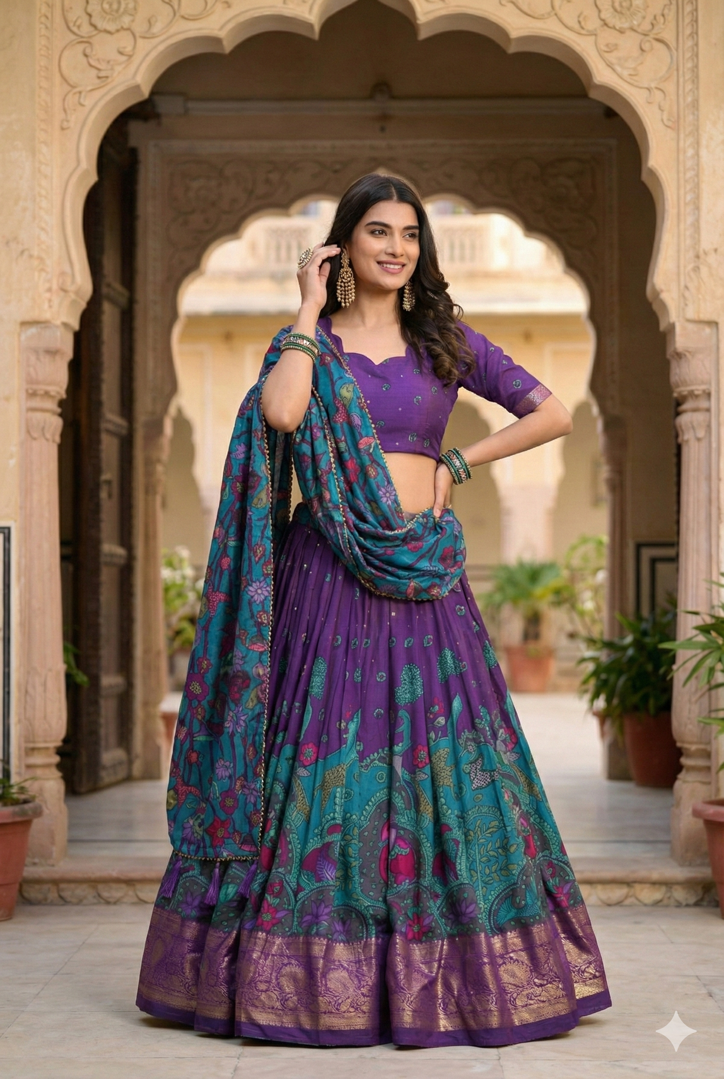 Purple Tusser Silk Floral Print Lehenga Choli Set with Foil Work
