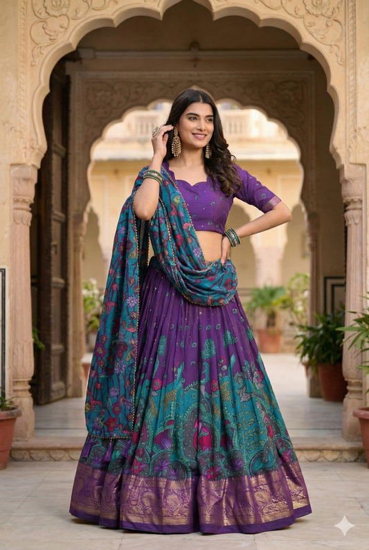 Purple Tusser Silk Floral Print Lehenga Choli Set with Foil Work