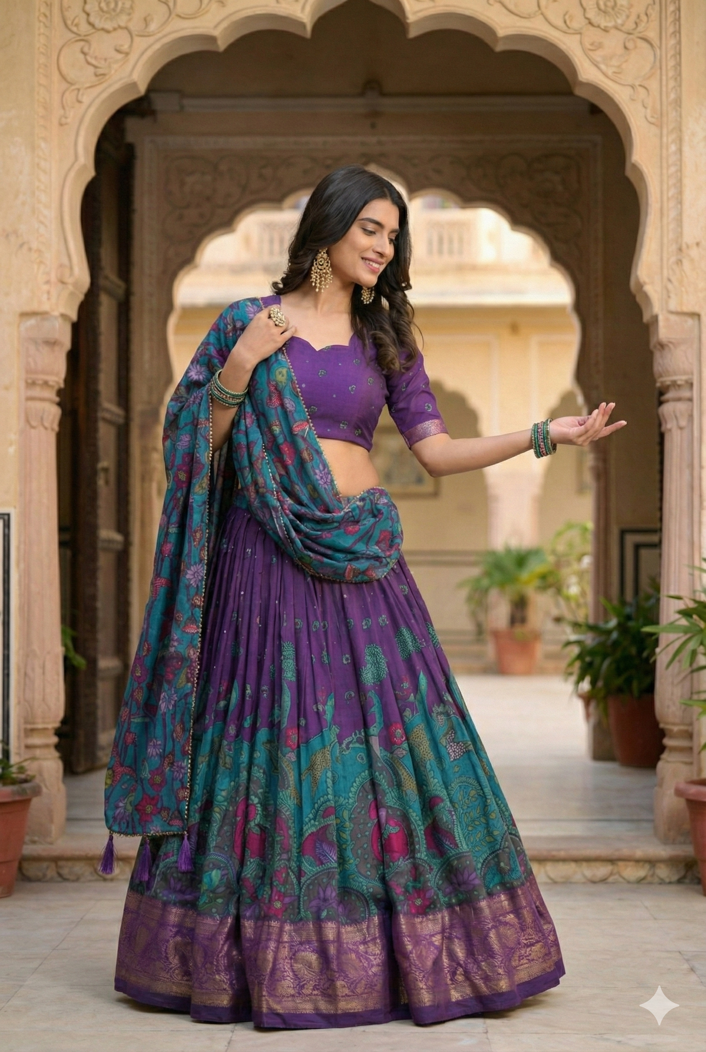Purple Tusser Silk Floral Print Lehenga Choli Set with Foil Work