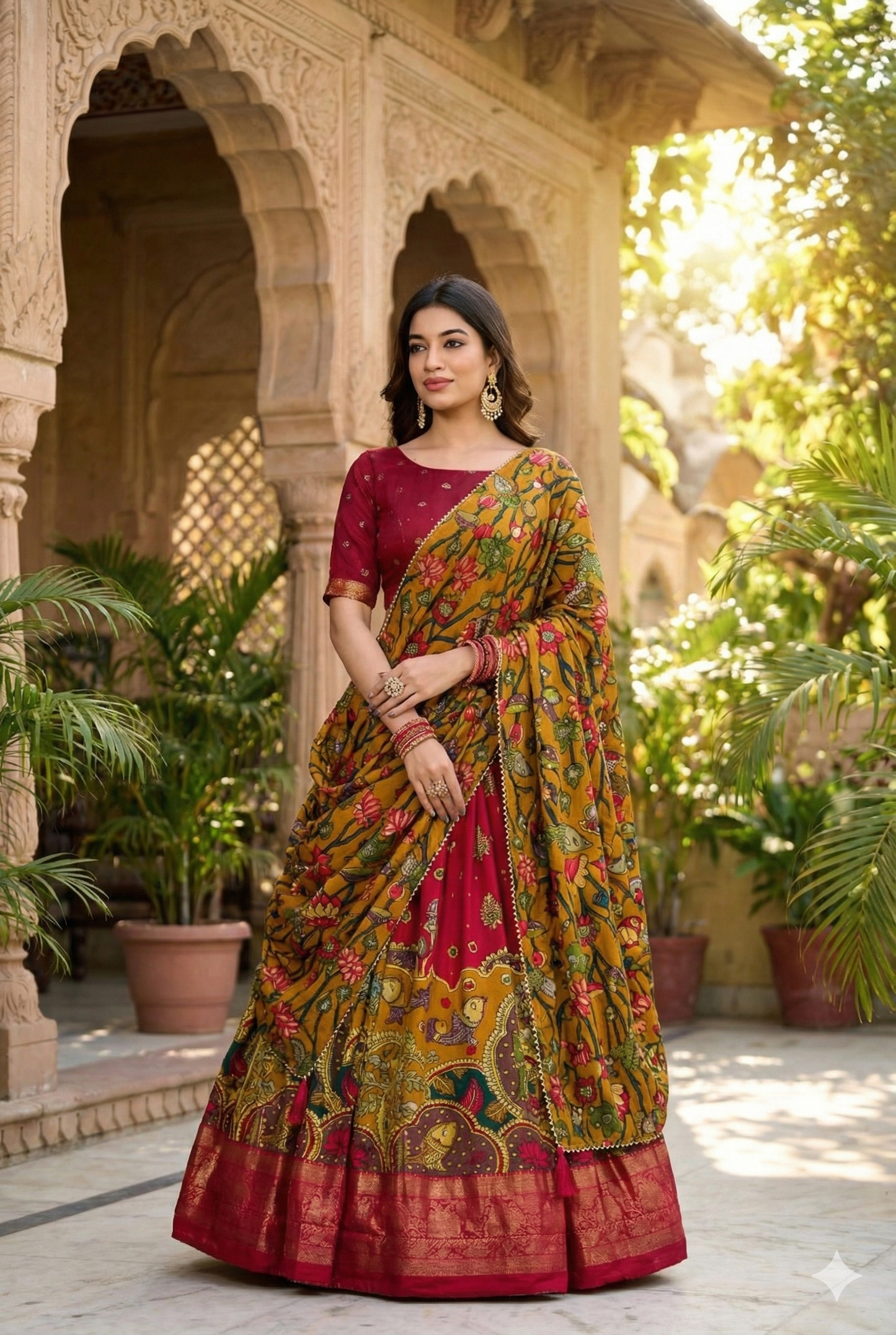 Red Tusser Silk Floral Print Lehenga Choli Set with Foil Work