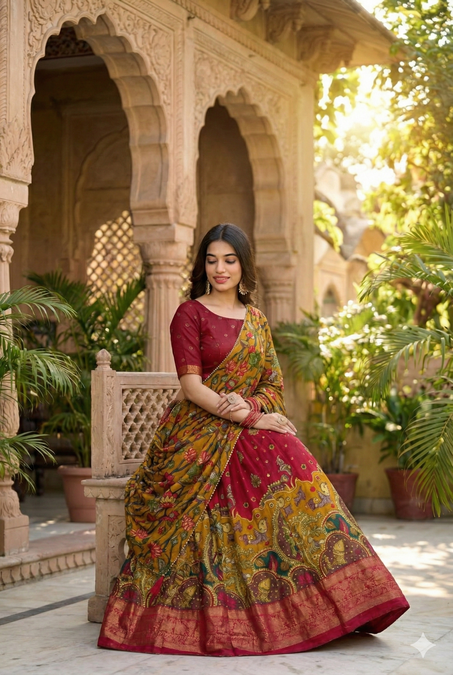 Red Tusser Silk Floral Print Lehenga Choli Set with Foil Work