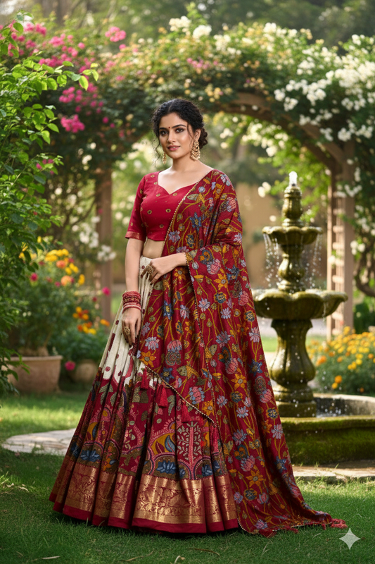 White Tusser Silk Floral Print Lehenga Choli Set with Foil Work
