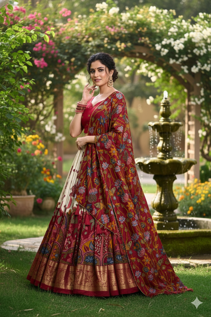 White Tusser Silk Floral Print Lehenga Choli Set with Foil Work