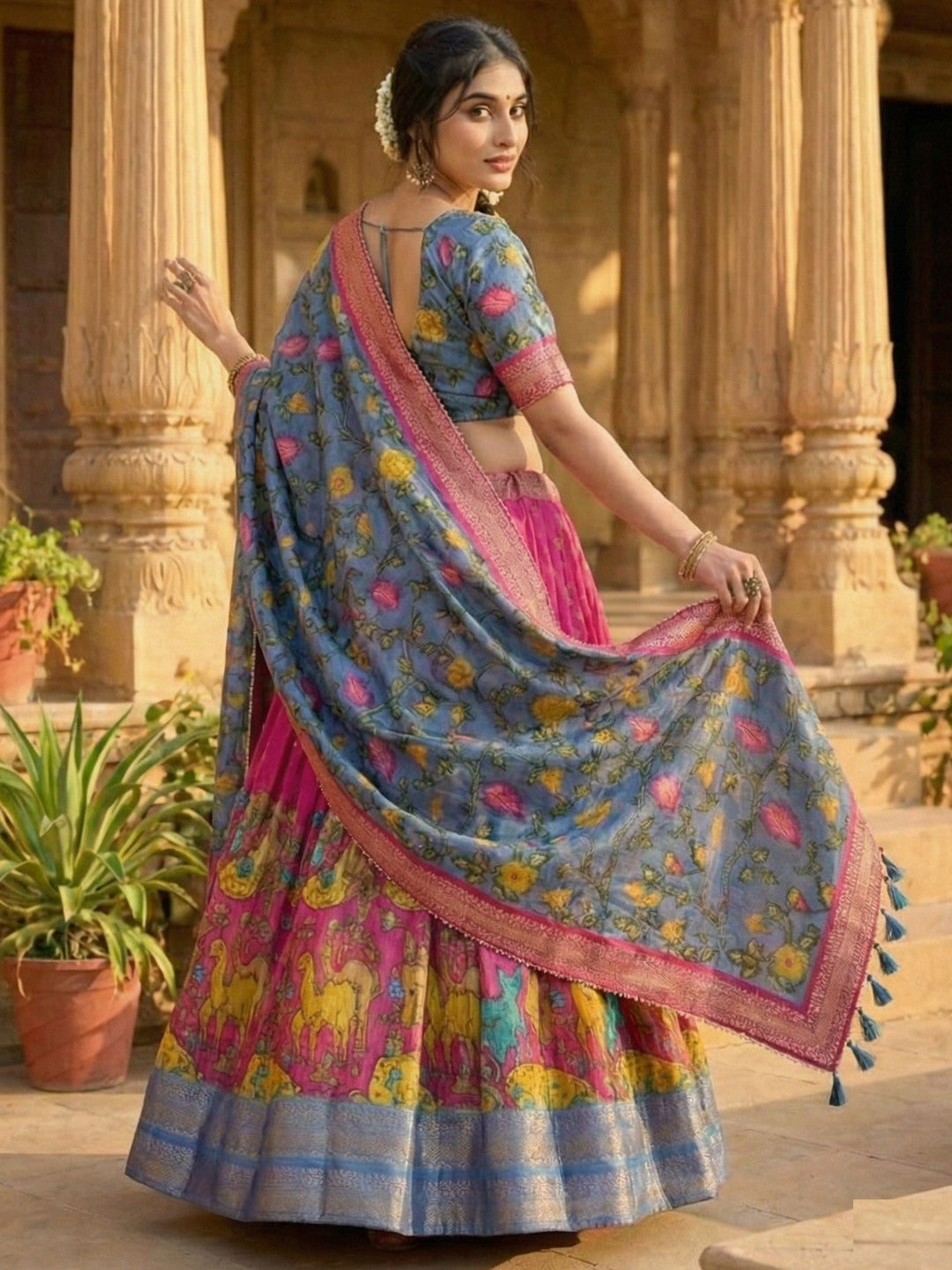 Tussar Silk Floral Print Lehenga Choli with Jacquard Border & Foil Work