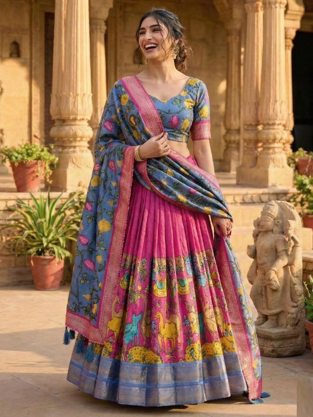 Tussar Silk Floral Print Lehenga Choli with Jacquard Border & Foil Work