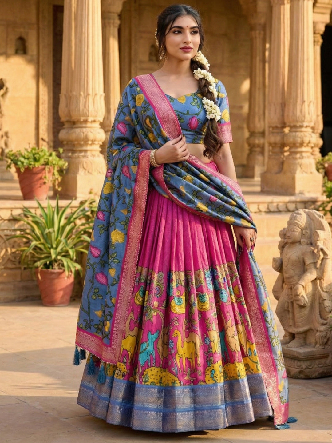 Tussar Silk Floral Print Lehenga Choli with Jacquard Border & Foil Work