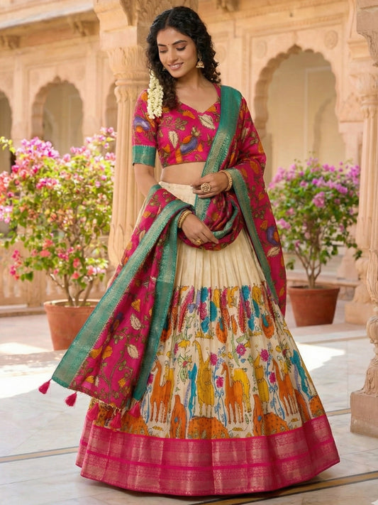 Tussar Silk Floral Print Lehenga Choli with Jacquard Border & Foil Work