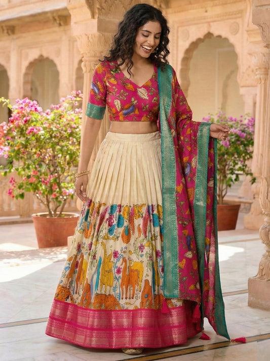 Tussar Silk Floral Print Lehenga Choli with Jacquard Border & Foil Work