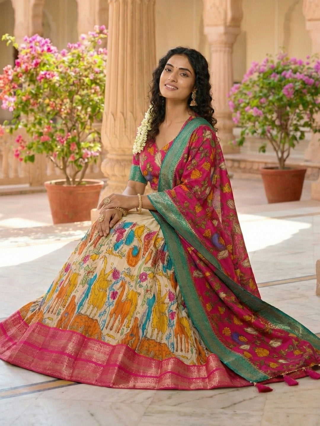 Tussar Silk Floral Print Lehenga Choli with Jacquard Border & Foil Work