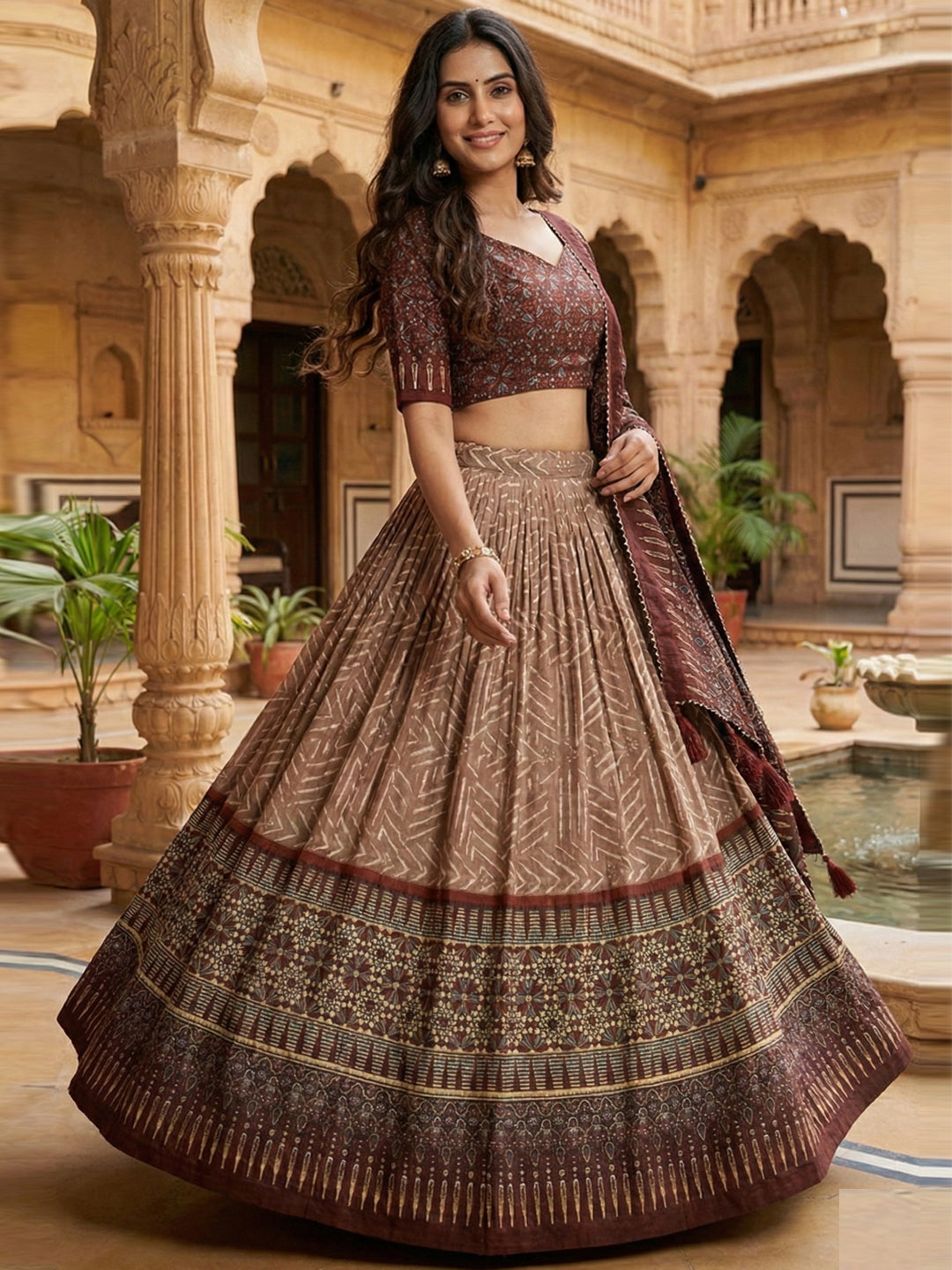 Brown Colour Geometric Print Lehenga Choli