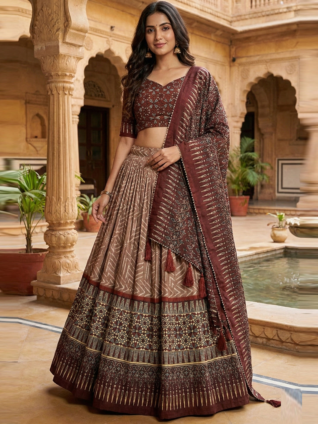 Brown Colour Geometric Print Lehenga Choli