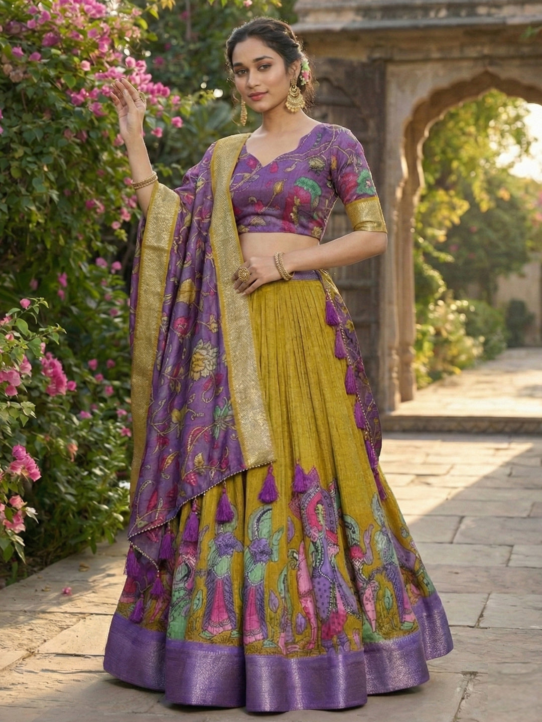 YellowTusser Silk Floral Print Lehenga Choli