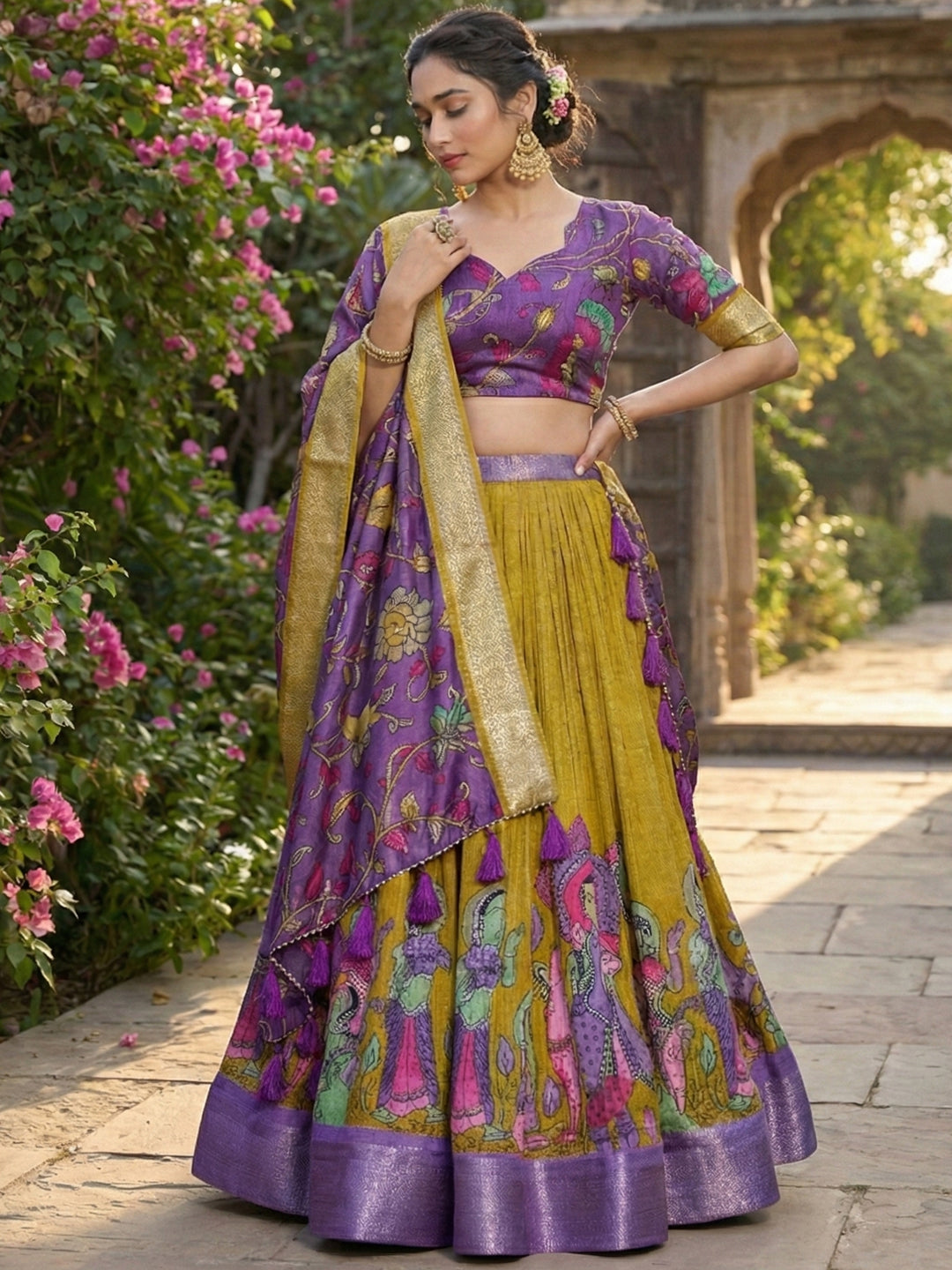 YellowTusser Silk Floral Print Lehenga Choli