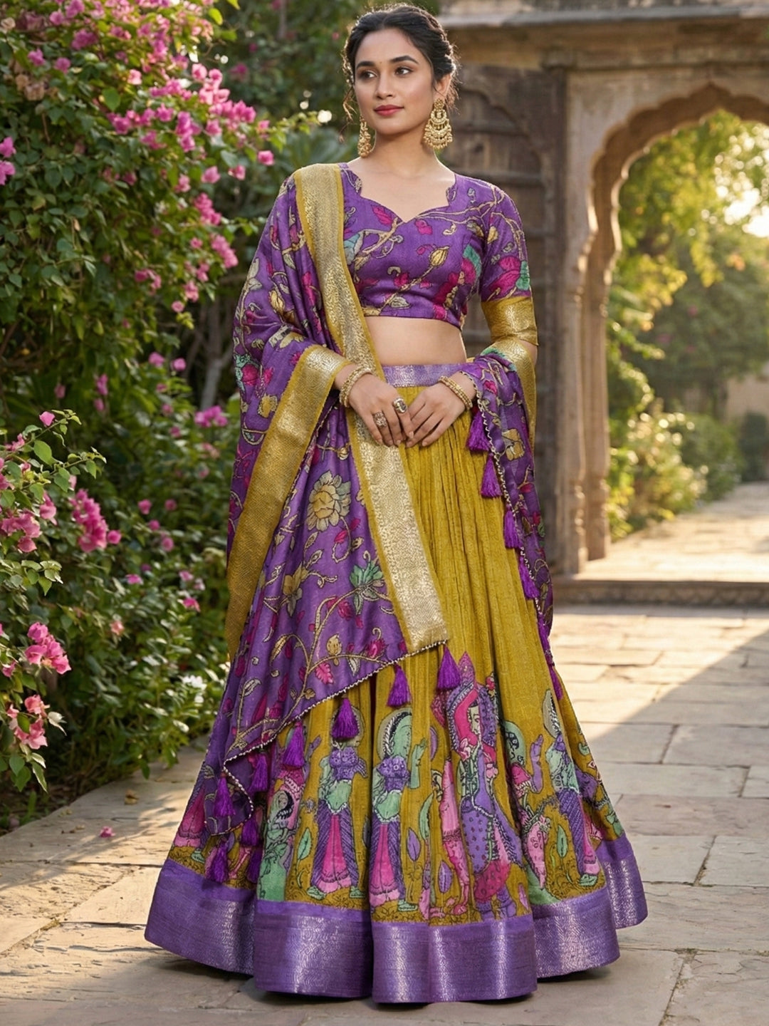 YellowTusser Silk Floral Print Lehenga Choli